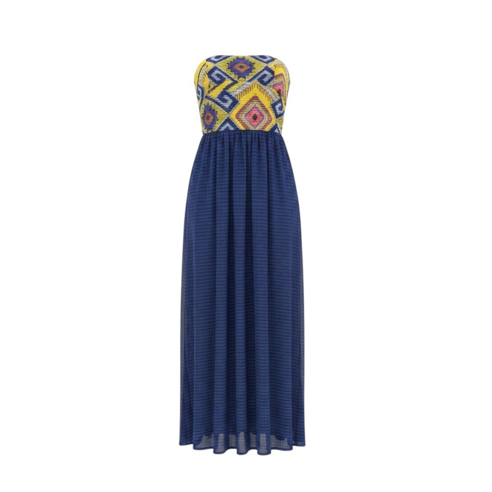 Xhilaration Strapless Maxi Dress M Blue Yellow Ikat Boho Festival Summer